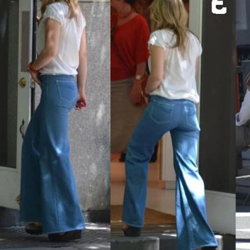 Femme portant un pantalon taille haute évasé en tenue casual
